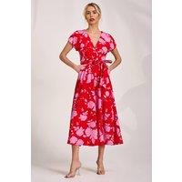 Jolie Moi Women's Kimono Sleeve Print Scuba Midi Dress in Red | Size: 14