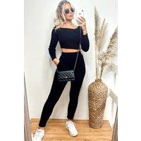 CY Women's Off Shoulder Crop Top & Leggings Loungewear Co Ord in Black | Size: S/M