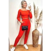CY Women's Off Shoulder Crop Top & Leggings Loungewear Co Ord in Orange | Size: S/M
