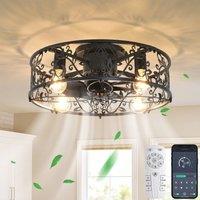 NIVOR Industrial Caged Ceiling Fan Light Low Profile Flush Mount Remote in Black
