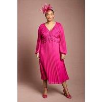 Coast Women's Plus Lace Insert Long Sleeve Pleat Dress in Magenta | Size: 22