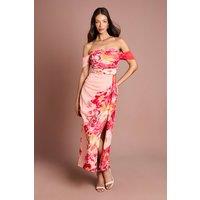 Coast Women's Off The Shoulder Floral Print Drape Chiffon Dress in Coral | Size: 14
