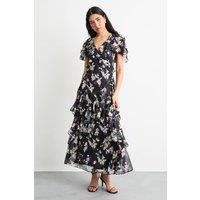 Warehouse Women's Flutter Sleeve Floral Print Frill Detail Maxi Dress in Black | Size: 8
