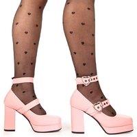 Lamoda Women's Chrome Heart Pink Patent Platform Heels Gothic Chunky Festival Shoes | Size: 4