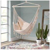 H&O Direct Foldable Canvas Leisure Reading Hammock Chair Hanging Rope Swing with 2 Cushions & Side Pocket for Books, Max 440 Lbs in White
