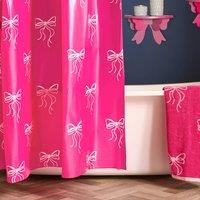 OHS Bows Mould Proof Shower Curtain with 12 Hooks in Bright Pink | Size: 180 cm width x 180 cm drop
