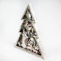 Shatchi Christmas Pre-Lit Warm White LED Frame Centrepiece Decoration with Pinecones & Baubles Star/Rectangle, Wooden Tree