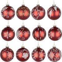 Shatchi Christmas Glass Baubles 12pcs Set - 8cm Red Ornaments with 12 Unique Festive Designs