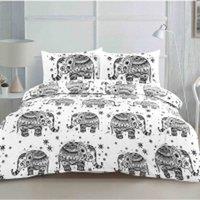 Homes-Linen Elephant Geometric Reversible Duvet Cover Set in White | Size: Double