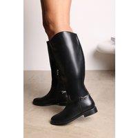 Where's That From Women's 'Nyla' Knee High Boots With Low Flat Heel & Back Buckle Detail in Black | Size: 8