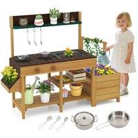 CASART Kids Pretend Play Kitchen Wooden Toy Kitchen Playset w/Removable Sink in Brown