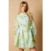 Oasis Women's Sage Floral Organza Mini Shirt Dress in Blue | Size: 8