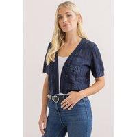 Klass. Women's Short Sleeve Cropped Pointelle Cotton Cardigan in Navy | Size: Small