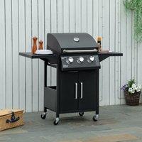 OUTSUNNY Gas Grill Portable BBQ Trolley w/ 4 Wheels & Side Shelves in Jet Black