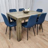 KOSY KOALA Rustic Dining Table Set with 6 Blue Chairs Modern Furniture in Brown