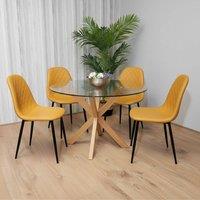 KOSY KOALA Round Glass Dining Table Set With 4 Mustard Gem Pattern Chairs