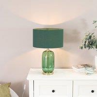 ValueLights Leigh Fabric Drum Shade & Forest Green Glass Gold Trim Table Lamp & LED Bulb in Bottle Green