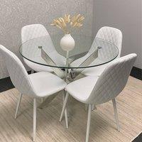 KOSY KOALA Round Glass Dining Table Set With 4 White Gem Pattern Chairs