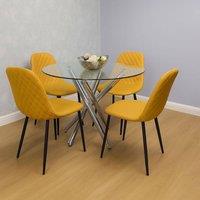 KOSY KOALA Round Clear Glass Dining Table Set with 4 Mustard Gem Pattern Chairs