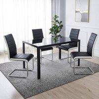 KOSY KOALA Black Glass Rectangle Dining Table Set With 4 Faux Leather Chairs