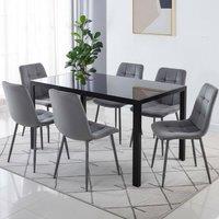 KOSY KOALA Black Glass Dining Table Set With 6 Grey Velvet Chairs