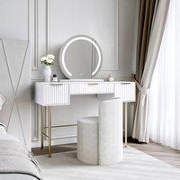 CARME HOME Lara Dressing Table with Elsie LED Mirror- White & Lottie Boucl Stool