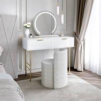CARME HOME Esme Dressing Table with Elsie LED Mirror -White & Lottie Boucl Stool in White