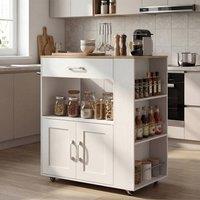 Costway Mobile Kitchen Island Wooden Kitchen Cart w/ Cabinet & Spice Racks in White