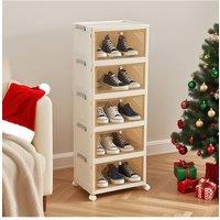 Living and Home 5-Tier Foldable Shoe Cabinet with Wheels Rolling Storage Box 39cm W x 28cm D in Cream | Size: Large
