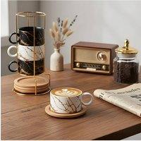 Living and Home 4pcs Ceramic Coffee Cups with Saucers, Spoons & Metal Stand in Black | Size: 4 Pack