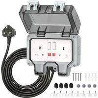 Desiretech Outdoor Double Switched Socket with 3m Cable - IP66, Waterproof Socket in Grey