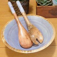 Hartsmede Hand Turned Medium Serving Bowl With Spoons Geo Blue