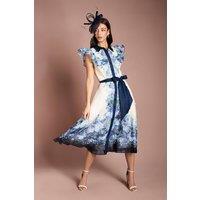 Coast Women's Placement Print Frill Sleeve Belted Midi Dress in Ivory | Size: 12