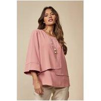 HOXTON GAL Women's Oversized Women Layered Blouse with 3/4 Sleeve & Necklace in Pink | Size: 16-18