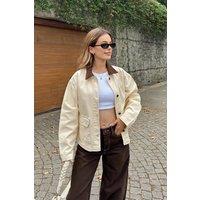 WOVCOR Women's Contrast Collar Button Front Utility Jacket in Beige | Size: Small