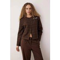 WOVCOR Women's Textured Boucl Jacket with Metal Clasp Detail in Brown | Size: 14