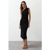 WOVCOR Women's One-Shoulder Draped Midi Dress in Black | Size: XS