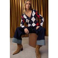 WOVCOR Women's Argyle Pattern Button-Up Knit Cardigan in Navy | Size: Small