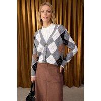 WOVCOR Women's Argyle Pattern Button-Up Knit Cardigan in Grey | Size: Small