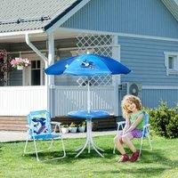 OUTSUNNY Kids Foldable Four-Piece Garden Set with Table, Chairs, Adjustable Umbrella - Blue