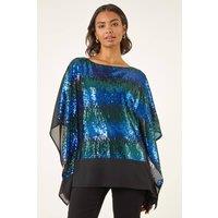 Roman Women's Ombre Sequin Mesh Chiffon Top in Blue | Size: 12