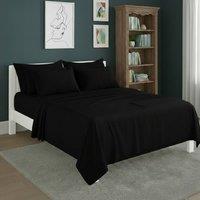 Snug City Plain Poly Cotton Easy Care Fitted Flat Sheet Matching Pillowcases Set in Black | Size: Double