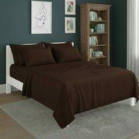 Snug City Plain Poly Cotton Easy Care Fitted Flat Sheet Matching Pillowcases Set in Brown | Size: Double