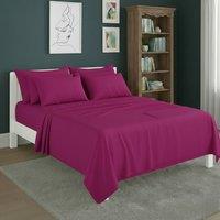 Snug City Plain Poly Cotton Easy Care Fitted Flat Sheet Matching Pillowcases Set in Fuchsia | Size: King
