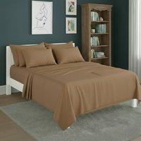 Snug City Plain Poly Cotton Easy Care Fitted Flat Sheet Matching Pillowcases Set in Beige | Size: Double