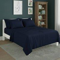 Snug City Plain Poly Cotton Easy Care Fitted Flat Sheet Matching Pillowcases Set in Navy | Size: Super King
