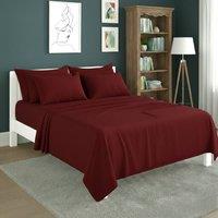 Snug City Plain Poly Cotton Easy Care Fitted Flat Sheet Matching Pillowcases Set in Red | Size: Double