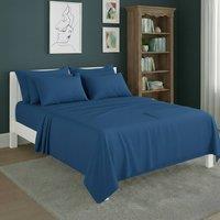 Snug City Plain Poly Cotton Easy Care Fitted Flat Sheet Matching Pillowcases Set in Mid Blue | Size: Single