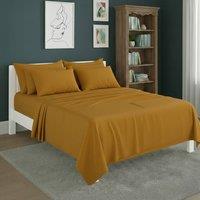 Snug City Plain Poly Cotton Easy Care Fitted Flat Sheet Matching Pillowcases Set in Mustard | Size: Single