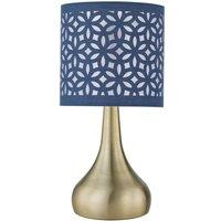 First Choice Lighting Romana - Antique Brass Touch Table Lamp with Navy Blue Laser Cut Shade in Bronze